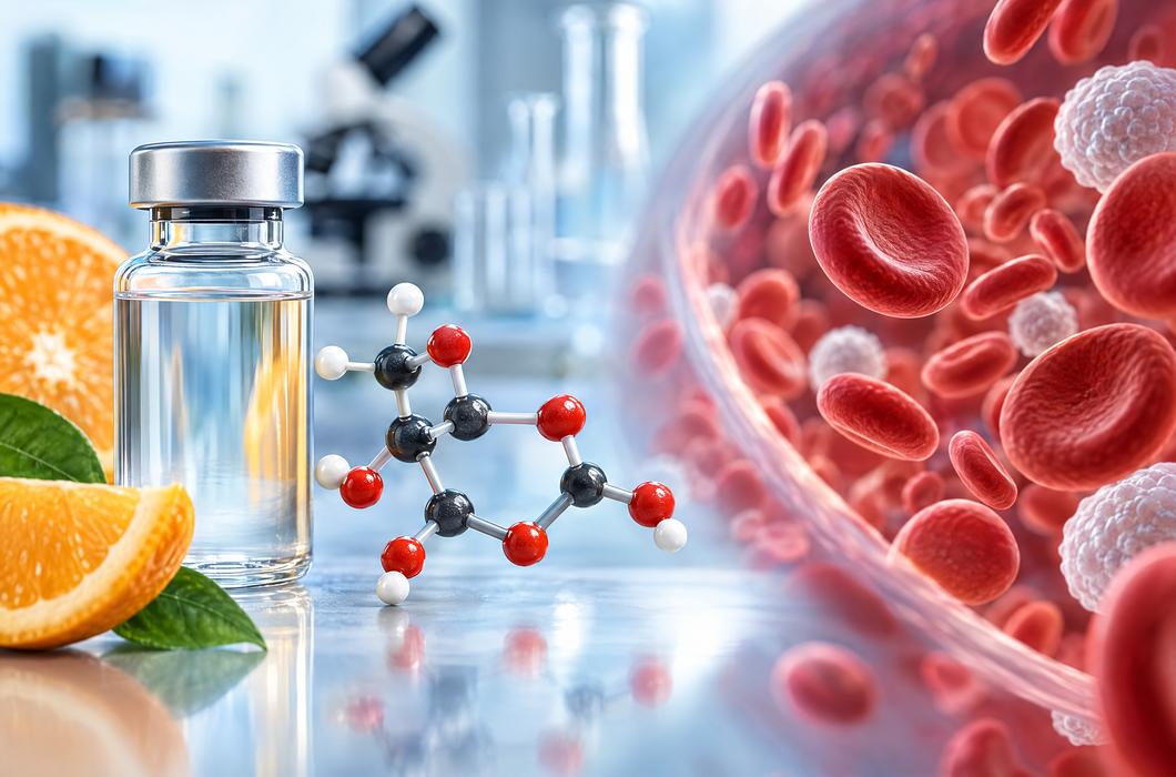 Laboratorijska ilustracija vitamina C i krvnih stanica