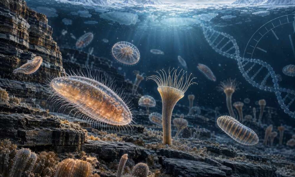 Ilustracija ranog životinjskog života u drevnom oceanu prije više stotina milijuna godina.