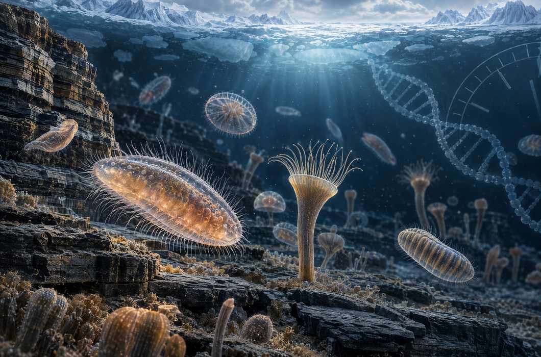 Ilustracija ranog životinjskog života u drevnom oceanu prije više stotina milijuna godina.