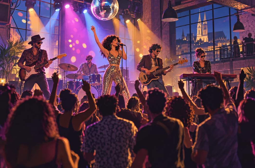 Ilustracija plesnog koncerta funk, disco i pop glazbe u zagrebačkom klubu.