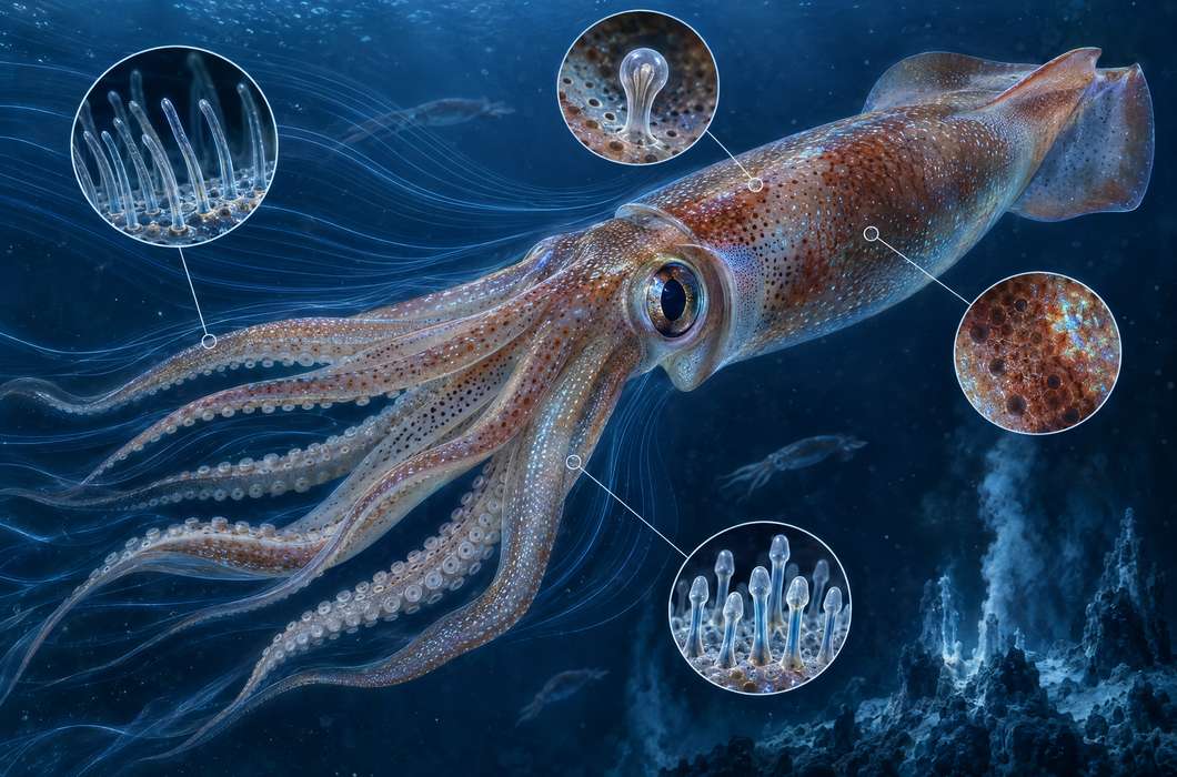 Ilustracija lignje i osjetnih dlačnih stanica koje registriraju gibanje vode.