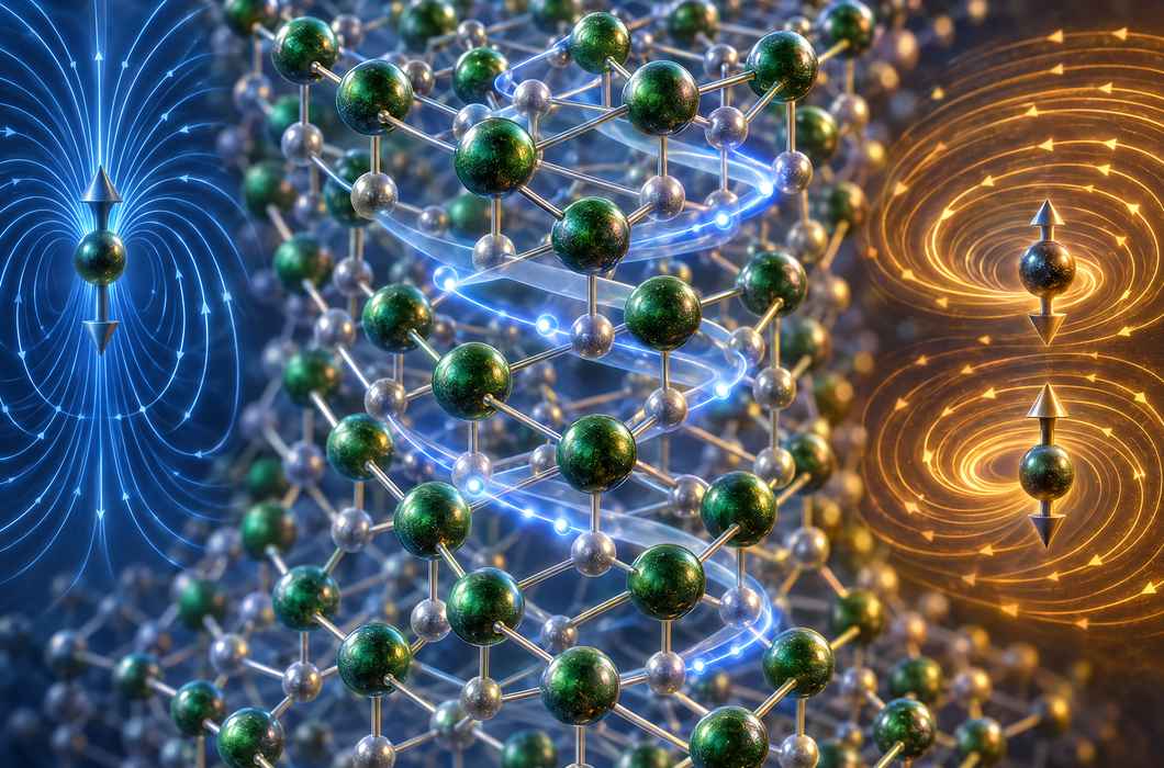Ilustracija uranijeva oksitelurida i spiralne atomske strukture.