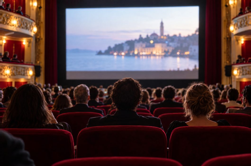 Publika u kinu okrenuta prema velikom platnu tijekom filmskog festivala